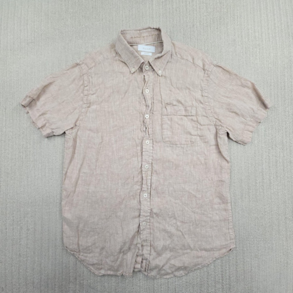 Porter & Ash Shirt Mens Large Beige Linen Short Sleeve Button Up Casual Summer